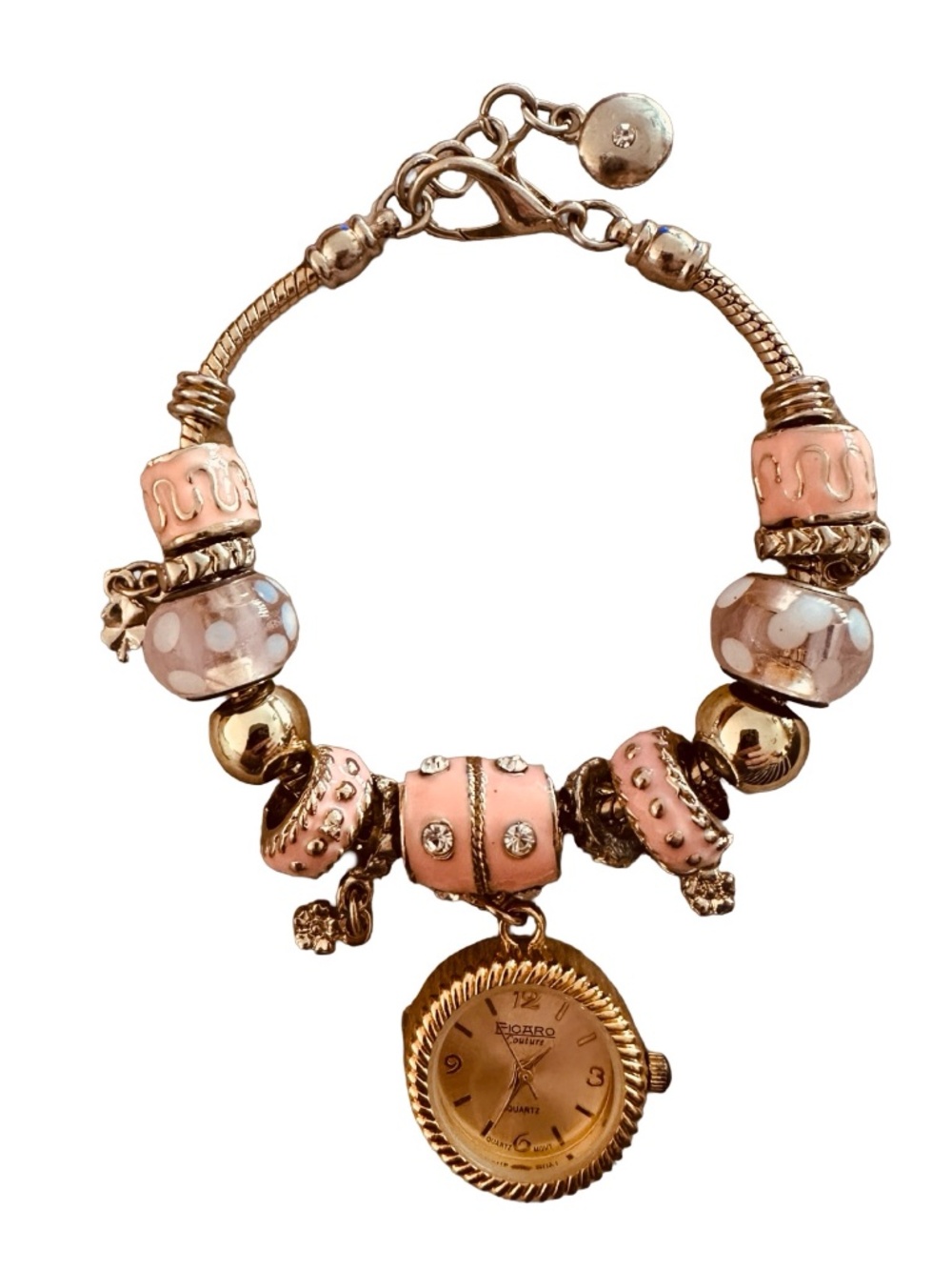 FIGARO COUTURE Bracelet Watch Charm Pink Enamel Crystals 7.5”-8”